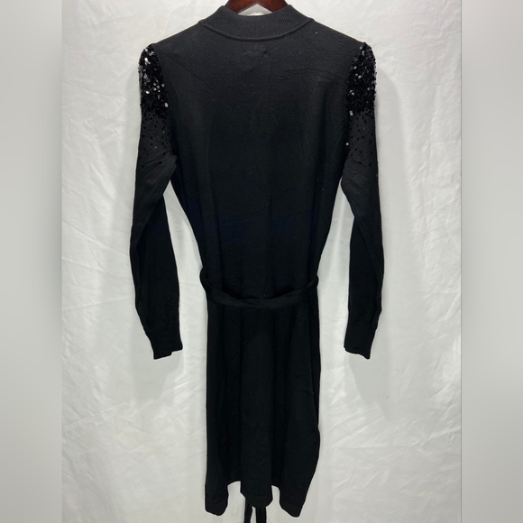 NWT Vince Camuto Knit, Belted, Sequin Embelished Neckline Dress Knit Black - Picture 3 of 4